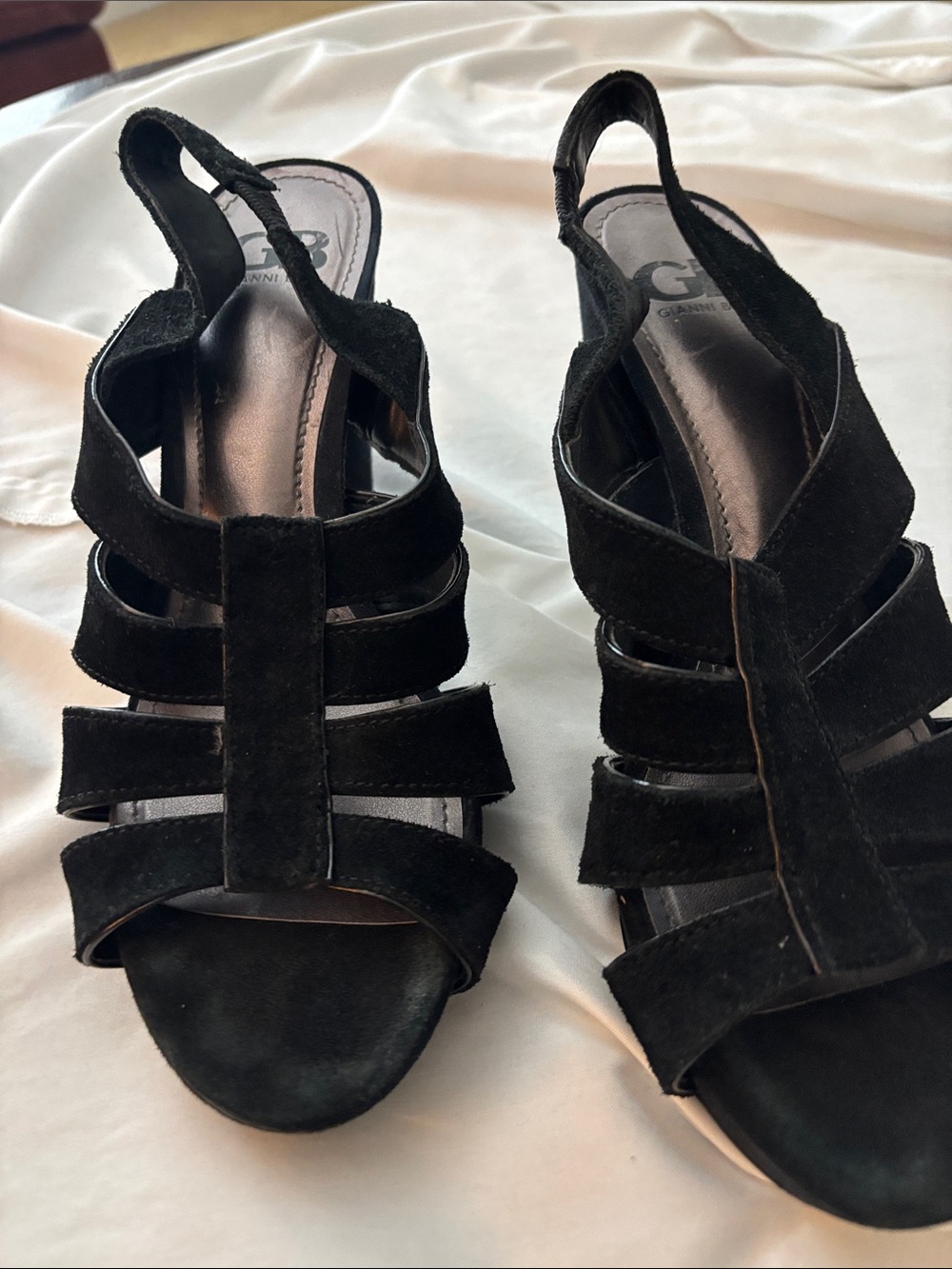 GB Gianni Bini Black Suede Multi-Strap Slingback Heels